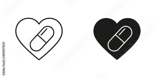  Heart with White Pill in Black and White capsule medical.