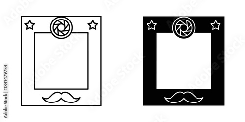 Black and white booth frame with camera aperture and mustache