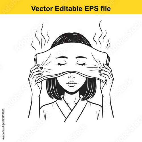  woman covering face with steaming towel for skincare routine vector illustration