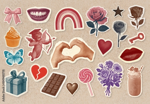 Vintage Sticker On Paper Design Set