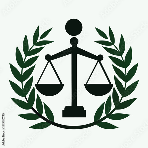 Scales of Justice Icon with Laurel Wreath, Legal Emblem and Heraldic Symbol for Law and Judiciary