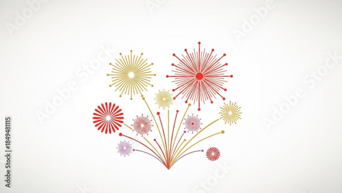 Vibrant colorful fireworks exploding in air with white background, red, yellow, pink hues
