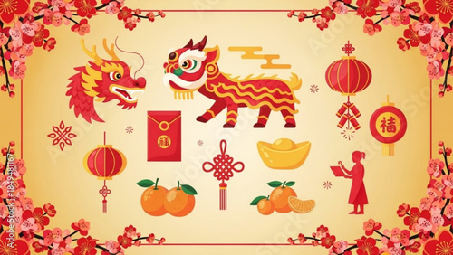 Chinese new year elements with dragon, lanterns, and decorations on beige background with cherry blossoms, symbolizing good fortune
