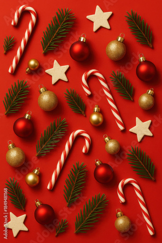 Candy cane pine sprig red bauble gold bauble star cookie red background festive holiday Christmas flat lay