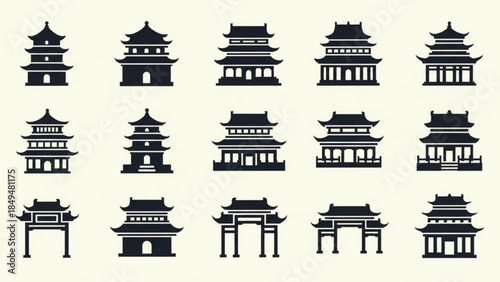 Collection of various asian pagoda and temple silhouettes on beige background