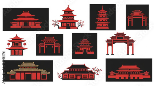 Collection of traditional chinese pagodas and gates in red and gold with black backgrounds