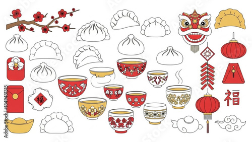 Chinese new year celebration elements, dumplings, tea cups, lanterns, and lion dance decorations, traditional holiday symbols