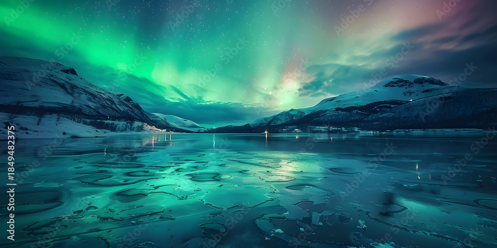 Naklejka premium Spectacular display of vibrant green and teal aurora borealis illuminates the night sky above snow-covered mountains and a frozen lake reflecting the mesmerizing celestial dance, creating a...