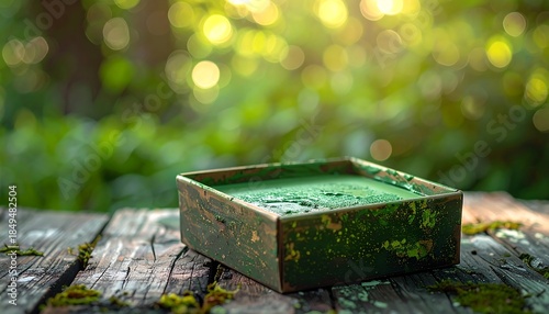 Green box In a wooden table