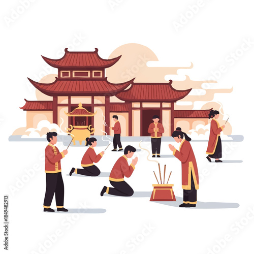 Illustration of people in traditional Chinese clothing praying and burning incense in front of a temple with a serene background.