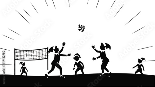 Joyful family silhouette playing volleyball together outdoors under bright sky