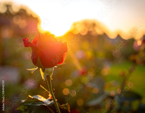 Close-up of a red rose with sunlight shining from behind