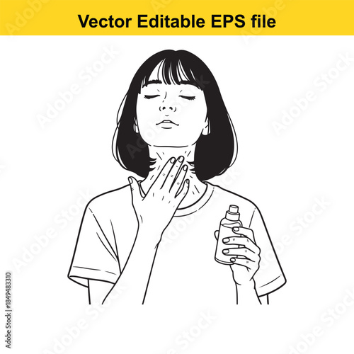  woman applying throat spray for sore relief isolated on white background