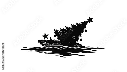 Black silhouette of a sinking Christmas tree with ornaments and stars in dark water
