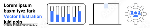 Vertical bar graphs, file management icon, cogwheel with team figures. Ideal for analytics, productivity, teamwork, file sharing, project management, digital tools simple landing page