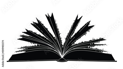 Open book silhouette with pages fanning out, symbolizing knowledge and stories.