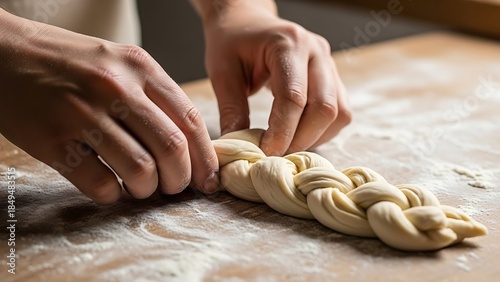 Hands braiding fresh dough into a Challah bread on a floured surface