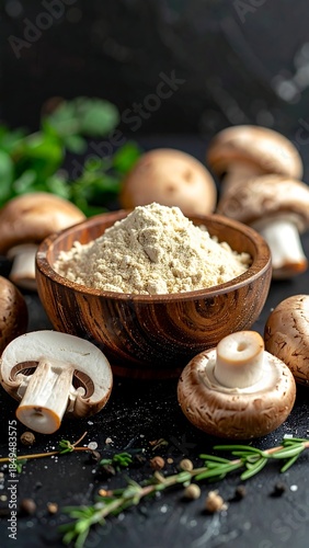 Close-up of fresh mushrooms with a bowl of mushroom flour and herbs