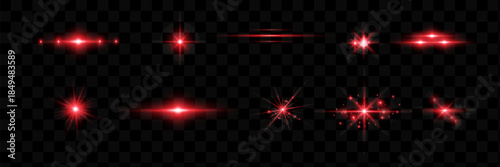 Red light effect reflections, neon illumination in red colors. Bright light lens. Police light effects, lines. Shiny stars, glowing sparks on a black background.