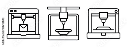 3D Printer Icons, Black Line Art, Industrial Technology Symbols, Manufacturing, Innovation, Design Tools