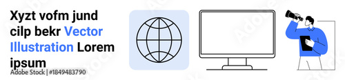 Global connection, exploration, digital media, communication, earth studies, teamwork. Globe icon, computer monitor and person with a telescope on white background. Global connection and exploration