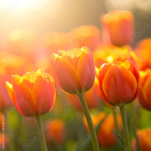 Close-up of vibrant orange tulips bathed in warm sunlight