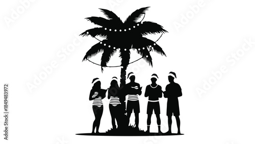 Friends in silhouette wear Santa hats gathered under a festive palm tree on a white background.