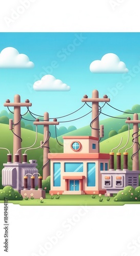 Wallpaper Mural Stylized illustration depicts an electrical power facility nestled in a verdant landscape under a bright sky. Torontodigital.ca