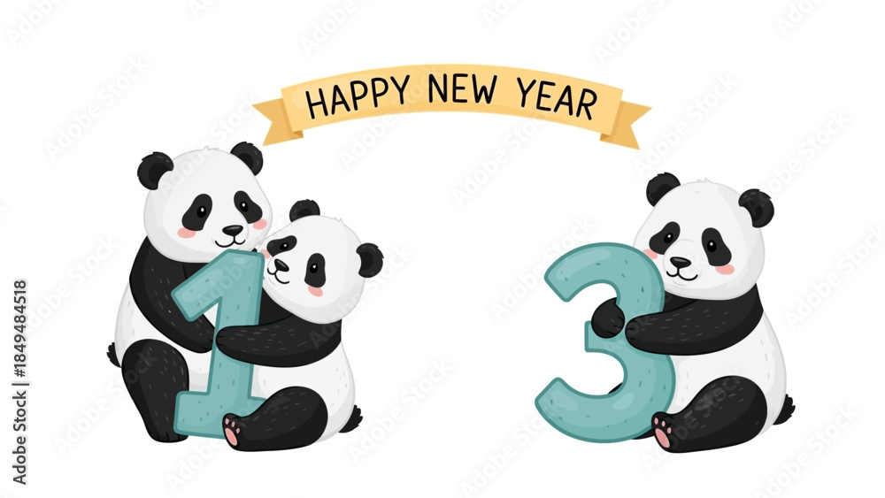 Fototapeta premium panda bear with a heart happy new year