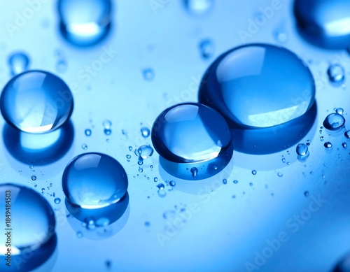 Close-up of water droplets on a reflective, blue surface