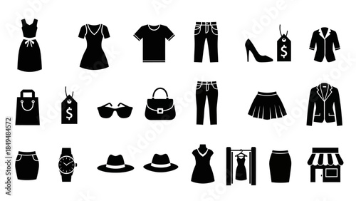 A grid of black silhouette icons representing various clothing items and shopping accessories