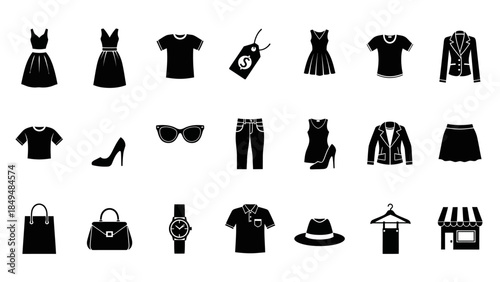 A grid of black and white icons representing various clothing items and shopping elements