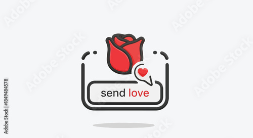 Graphic illustration of a red rose with a heart and 'send love' text on a white background with black outline.