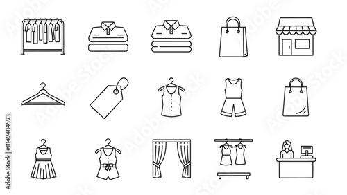 Black and white line icons related to clothing retail and shopping