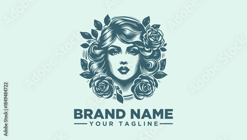 Elegant Woman with Roses Logo Vector Illustration for Beauty Brand