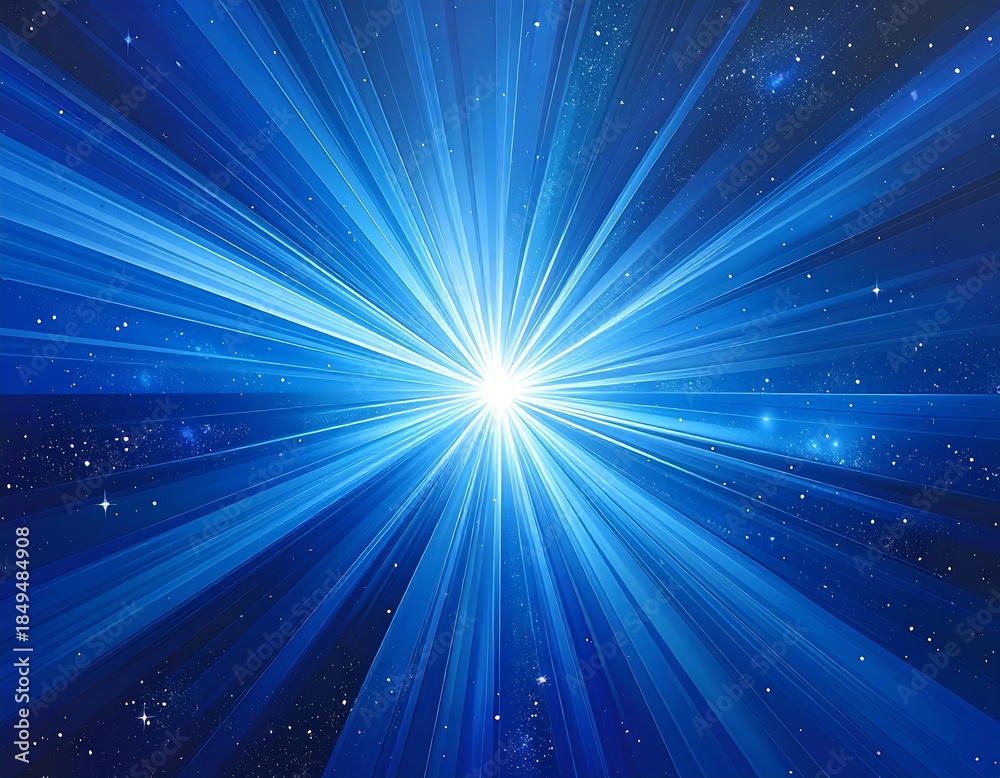 Fototapeta premium Blue light bursts from center, radiating into starry background