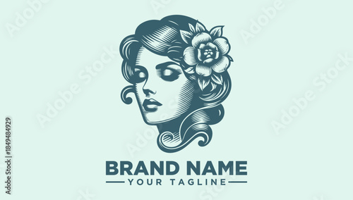 Vintage Woman with Rose Logo Vector Illustration - Elegant Beauty Design