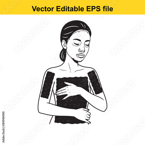  woman with black patches on her shoulders and chest in a vector illustration