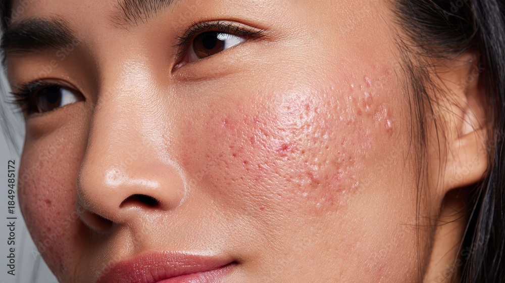 Fototapeta premium A close-up of a woman's face showing skin with acne, highlighting texture and imperfections, capturing a natural and realistic expression.
