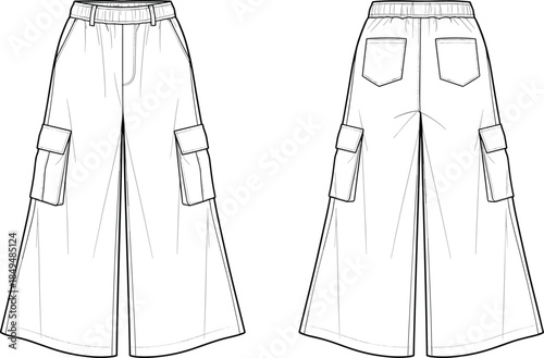 Wide leg cargo pants technical sketch front back view fashion cad flat vector illustration apparel design modern utility wear