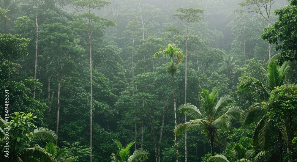 Fototapeta premium Misty Emerald Canopy: Lush Rainforest Vista with Towering Trees and Dense Foliage