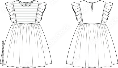 Girls ruffle sleeve dress technical sketch front back view fashion cad flat vector illustration apparel design childrens wear pattern detailing