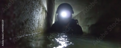 A diver in a dark tunnel illuminated by a headlamp, navigating through water, creating an atmosphere of adventure and exploration.