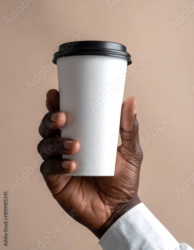 Dark-skinned hand grasping a white paper beverage cup with a black lid