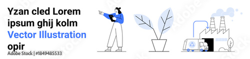 Woman holding clipboard pointing forward, plant in pot signifying growth, eco-friendly factory with chimneys, truck reinforcing logistics. Ideal for strategy, growth, eco-consciousness, logistics