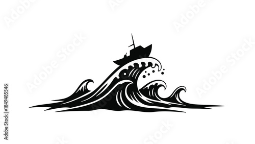 Small boat battling rough, stormy seas with large crashing waves.