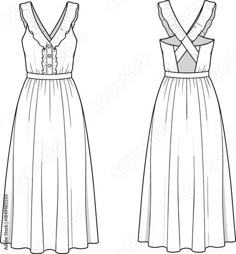 Women sleeveless v neck long dress front and back technical sketch with crossed straps apparel cad drawing flat vector illustration