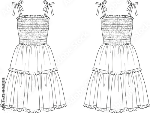 Women smocked bodice tiered dress front and back technical sketch with tie shoulder straps apparel cad drawing flat vector illustration