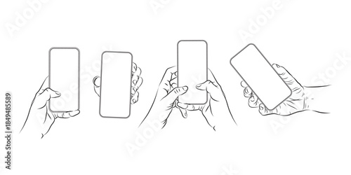 A line drawing of a hand using a smartphone with a white screen separated from a white background.
