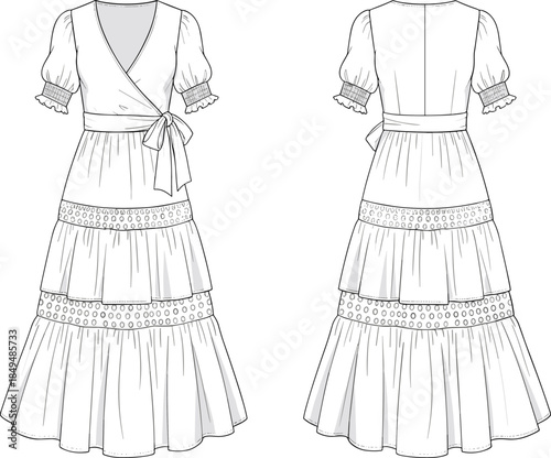 Women wrap dress front and back technical sketch with puff sleeves tiered skirt apparel cad drawing flat vector illustration